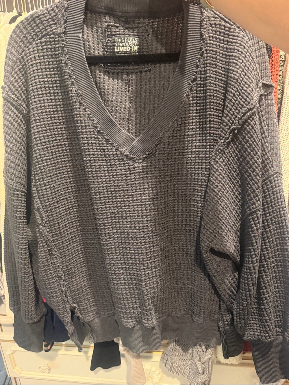 America Eagle Big Hug Washed Charcoal Waffle V-Neck Sweater